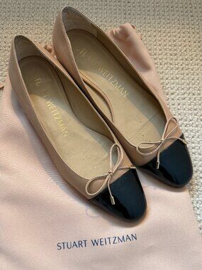 Stuart Weitzman Nude Black Cap Toe Ballet Flats Size 9B Bow Detail Dust Bag Made